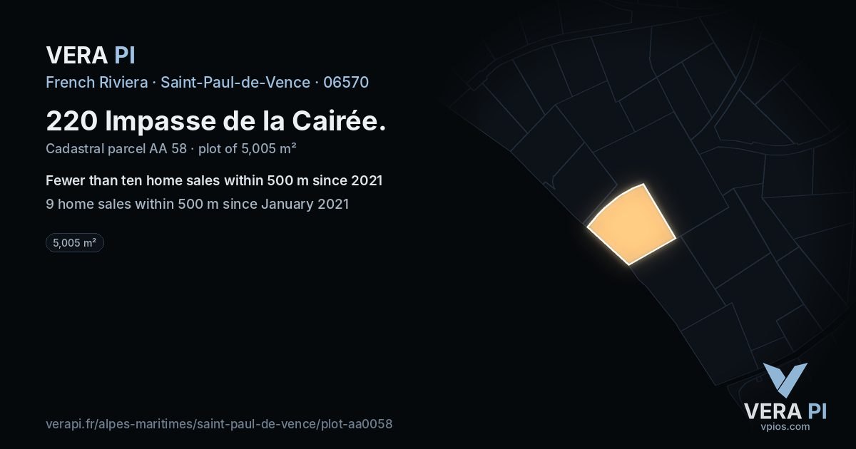 220 Impasse de la Cairée, Saint-Paul-de-Vence at night – the plot lit, the parcels around coloured by the prices near them