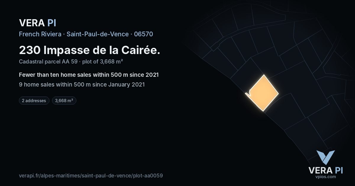 230 Impasse de la Cairée, Saint-Paul-de-Vence at night – the plot lit, the parcels around coloured by the prices near them