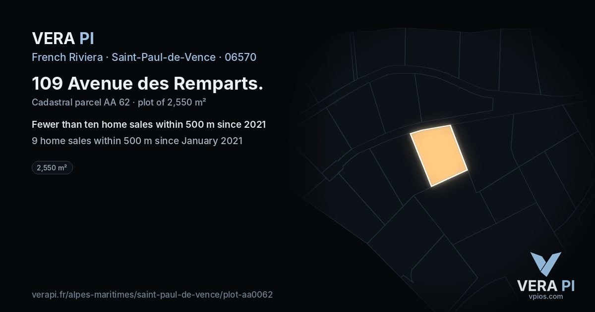 109 Avenue des Remparts, Saint-Paul-de-Vence at night – the plot lit, the parcels around coloured by the prices near them