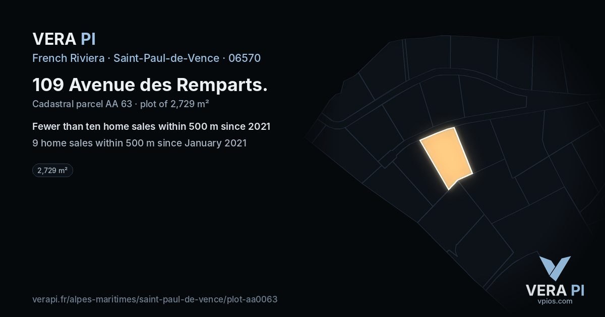 109 Avenue des Remparts, Saint-Paul-de-Vence at night – the plot lit, the parcels around coloured by the prices near them
