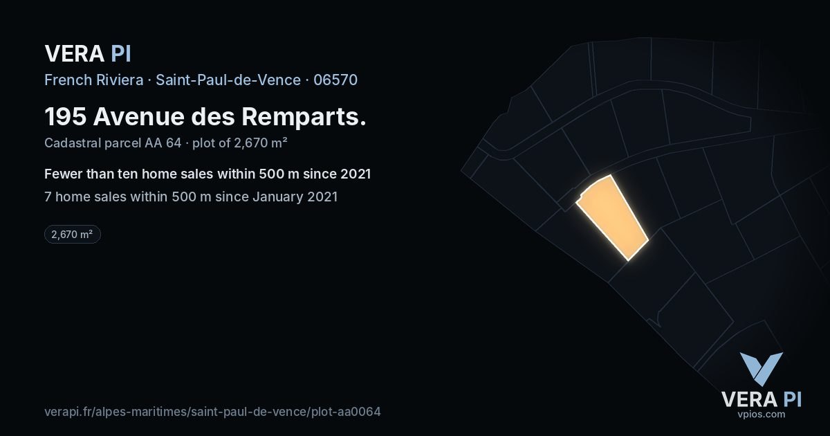 195 Avenue des Remparts, Saint-Paul-de-Vence at night – the plot lit, the parcels around coloured by the prices near them
