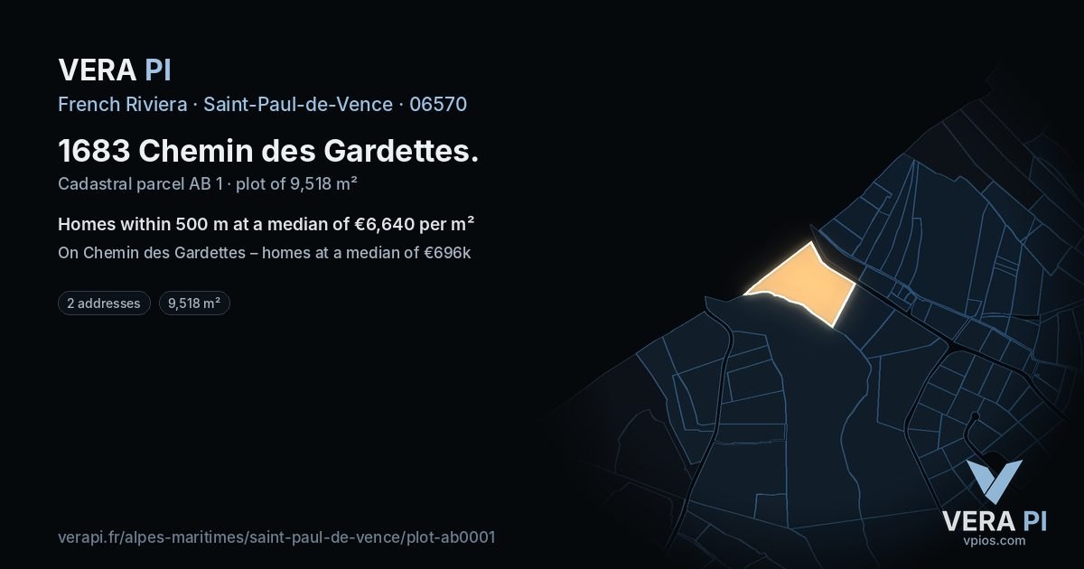 1683 Chemin des Gardettes, Saint-Paul-de-Vence at night – the plot lit, the parcels around coloured by the prices near them