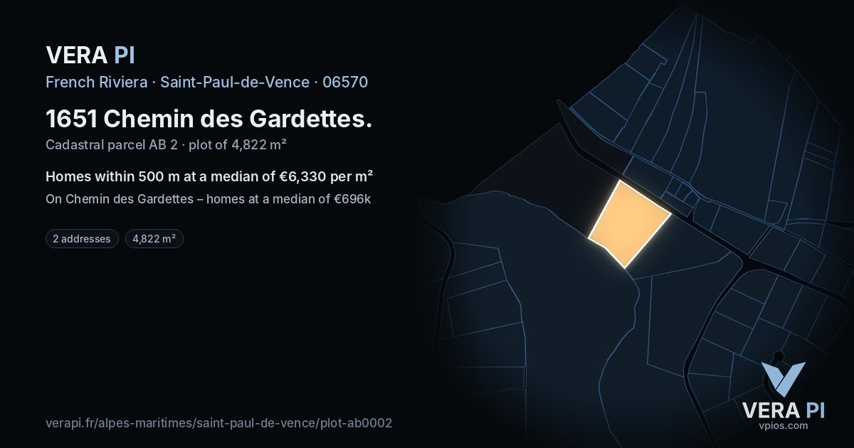 1651 Chemin des Gardettes, Saint-Paul-de-Vence at night – the plot lit, the parcels around coloured by the prices near them