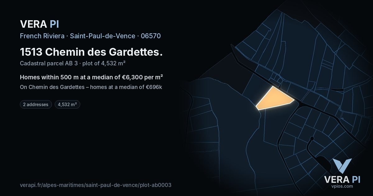 1513 Chemin des Gardettes, Saint-Paul-de-Vence at night – the plot lit, the parcels around coloured by the prices near them
