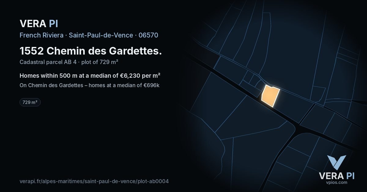 1552 Chemin des Gardettes, Saint-Paul-de-Vence at night – the plot lit, the parcels around coloured by the prices near them