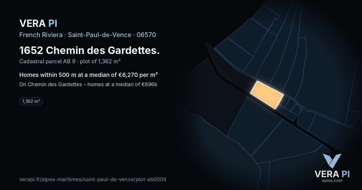 1652 Chemin des Gardettes, Saint-Paul-de-Vence at night – the plot lit, the parcels around coloured by the prices near them