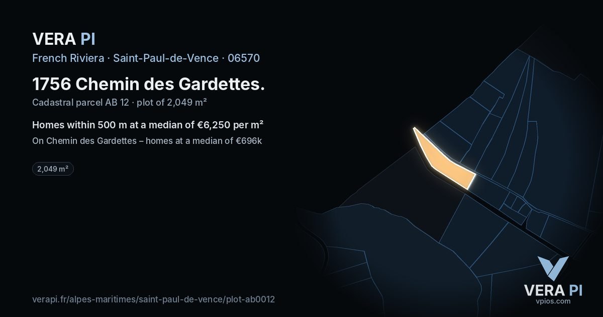 1756 Chemin des Gardettes, Saint-Paul-de-Vence at night – the plot lit, the parcels around coloured by the prices near them