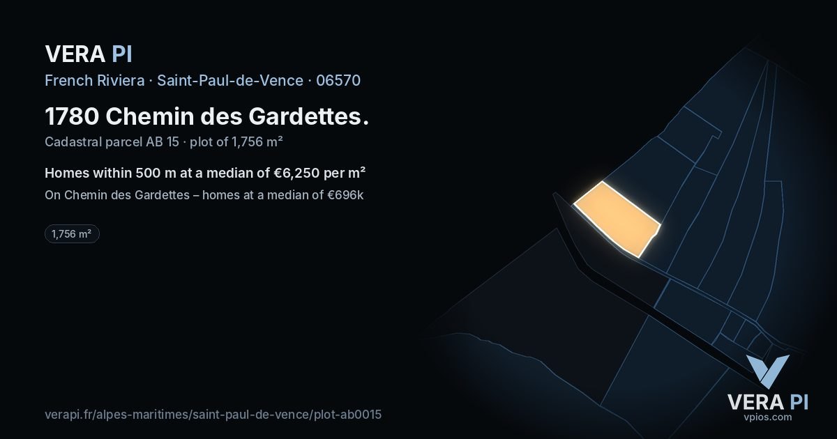 1780 Chemin des Gardettes, Saint-Paul-de-Vence at night – the plot lit, the parcels around coloured by the prices near them