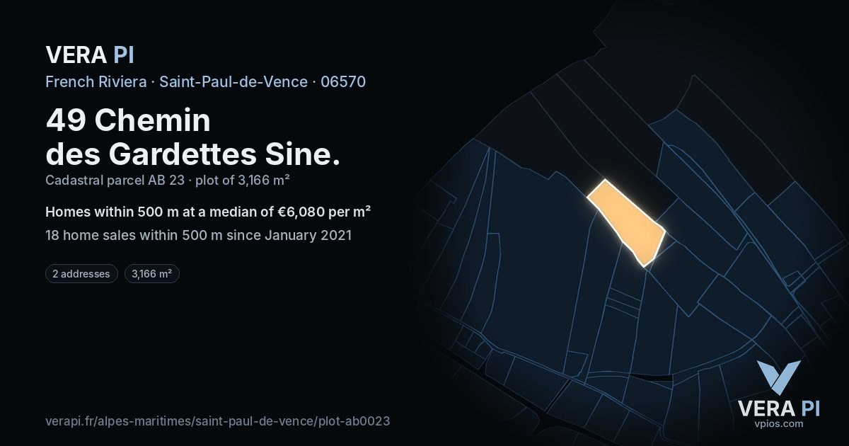 49 Chemin des Gardettes Sine, Saint-Paul-de-Vence at night – the plot lit, the parcels around coloured by the prices near them