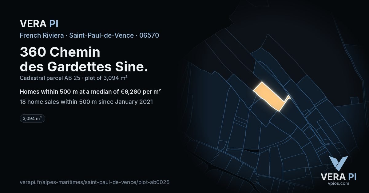 360 Chemin des Gardettes Sine, Saint-Paul-de-Vence at night – the plot lit, the parcels around coloured by the prices near them