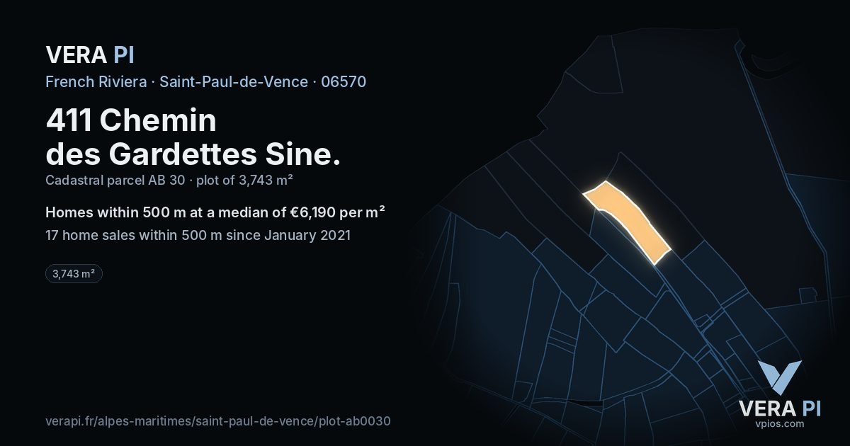 411 Chemin des Gardettes Sine, Saint-Paul-de-Vence at night – the plot lit, the parcels around coloured by the prices near them