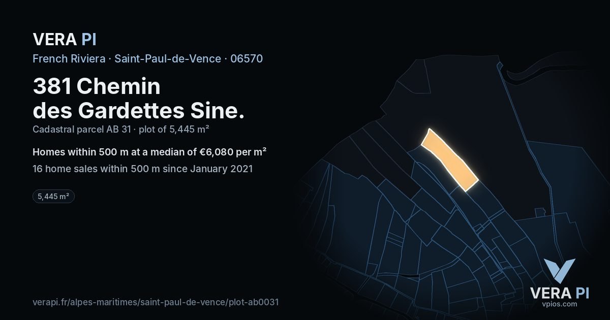 381 Chemin des Gardettes Sine, Saint-Paul-de-Vence at night – the plot lit, the parcels around coloured by the prices near them