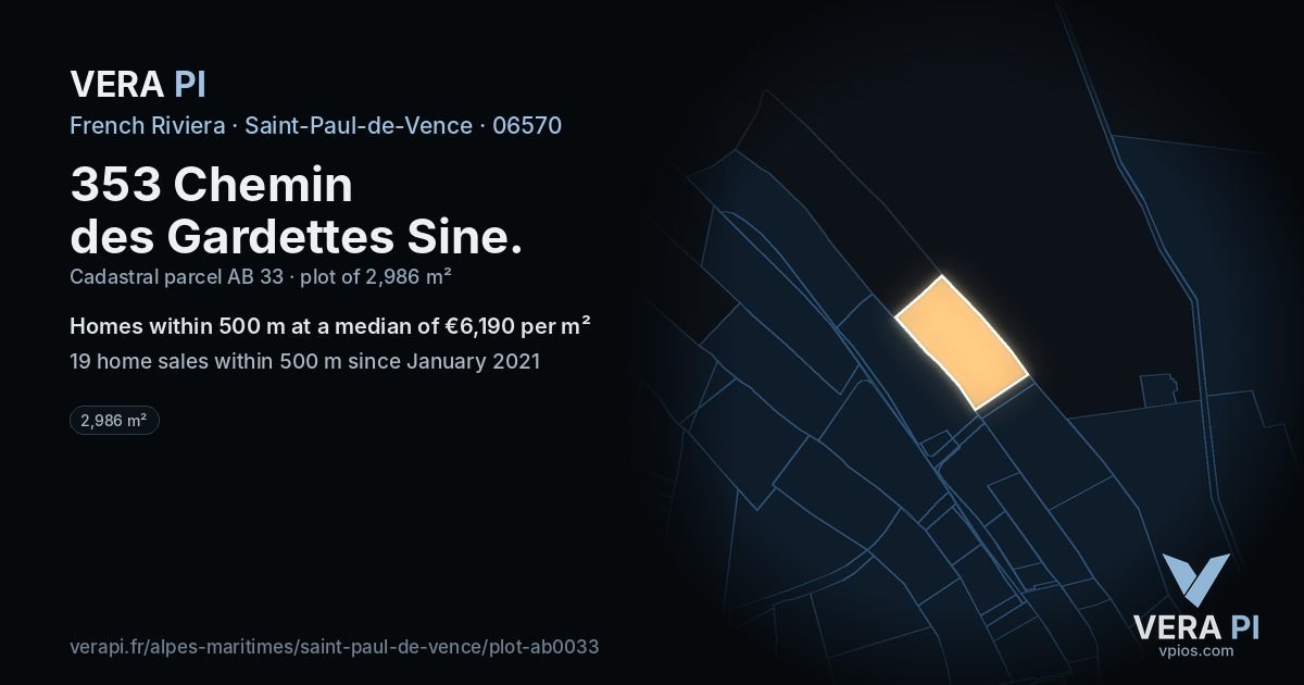 353 Chemin des Gardettes Sine, Saint-Paul-de-Vence at night – the plot lit, the parcels around coloured by the prices near them