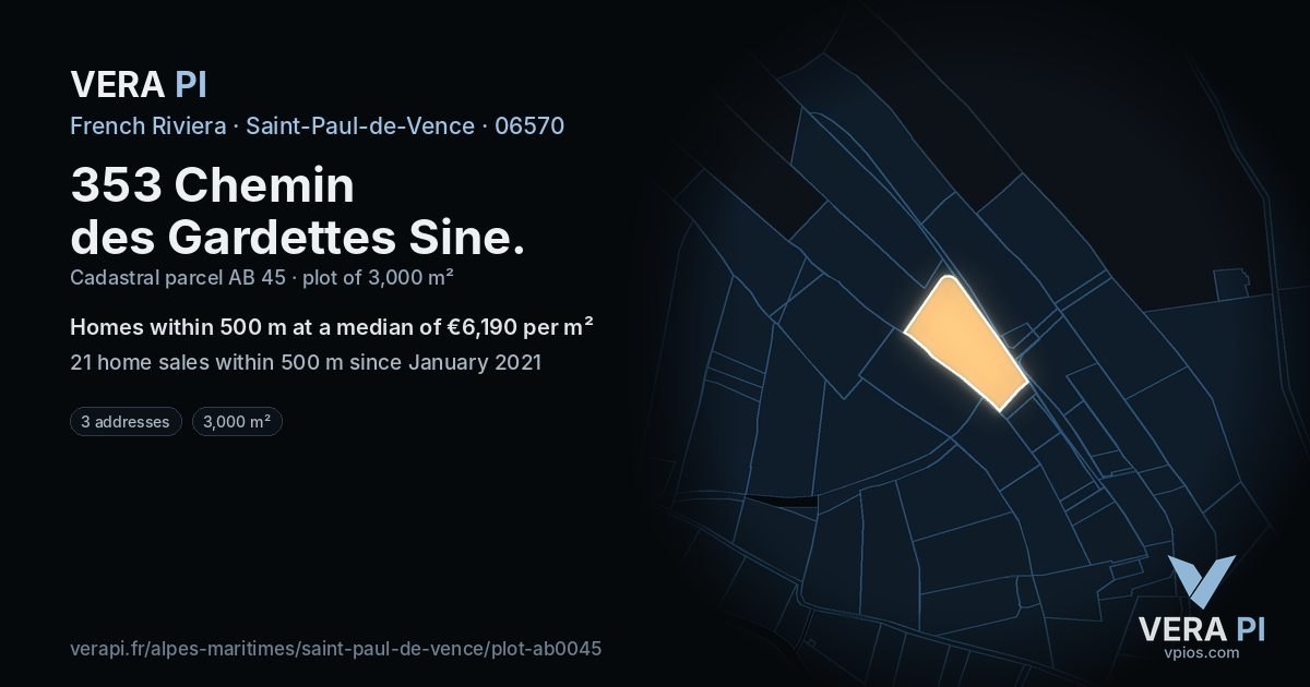 353 Chemin des Gardettes Sine, Saint-Paul-de-Vence at night – the plot lit, the parcels around coloured by the prices near them