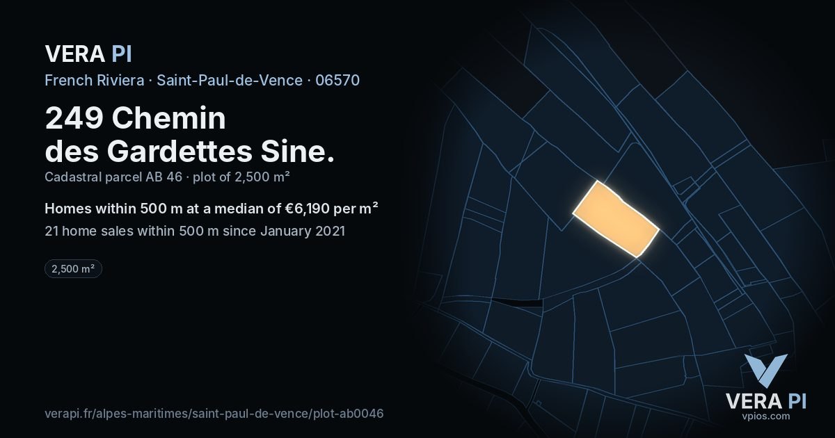 249 Chemin des Gardettes Sine, Saint-Paul-de-Vence at night – the plot lit, the parcels around coloured by the prices near them