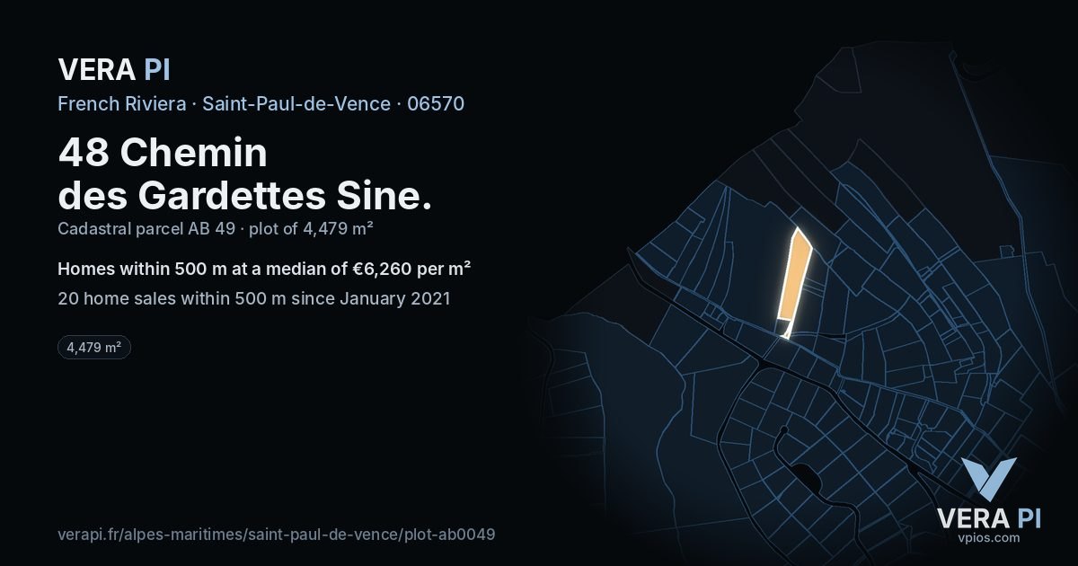 48 Chemin des Gardettes Sine, Saint-Paul-de-Vence at night – the plot lit, the parcels around coloured by the prices near them