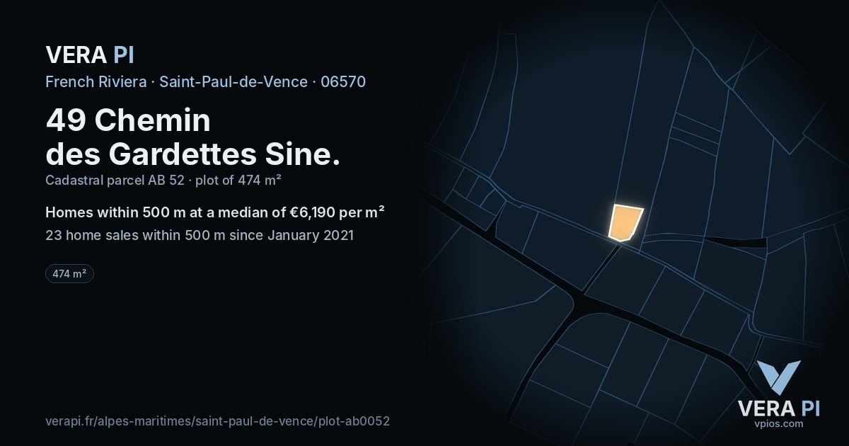 49 Chemin des Gardettes Sine, Saint-Paul-de-Vence at night – the plot lit, the parcels around coloured by the prices near them
