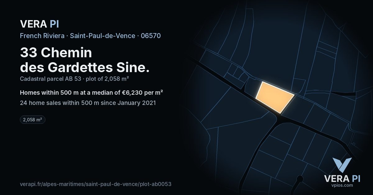 33 Chemin des Gardettes Sine, Saint-Paul-de-Vence at night – the plot lit, the parcels around coloured by the prices near them