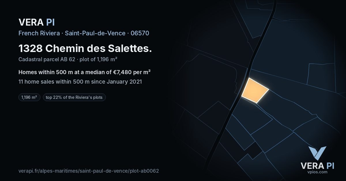 1328 Chemin des Salettes, Saint-Paul-de-Vence at night – the plot lit, the parcels around coloured by the prices near them