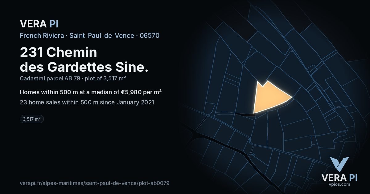 231 Chemin des Gardettes Sine, Saint-Paul-de-Vence at night – the plot lit, the parcels around coloured by the prices near them