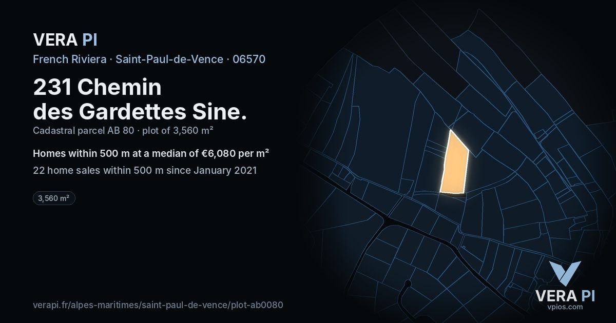 231 Chemin des Gardettes Sine, Saint-Paul-de-Vence at night – the plot lit, the parcels around coloured by the prices near them