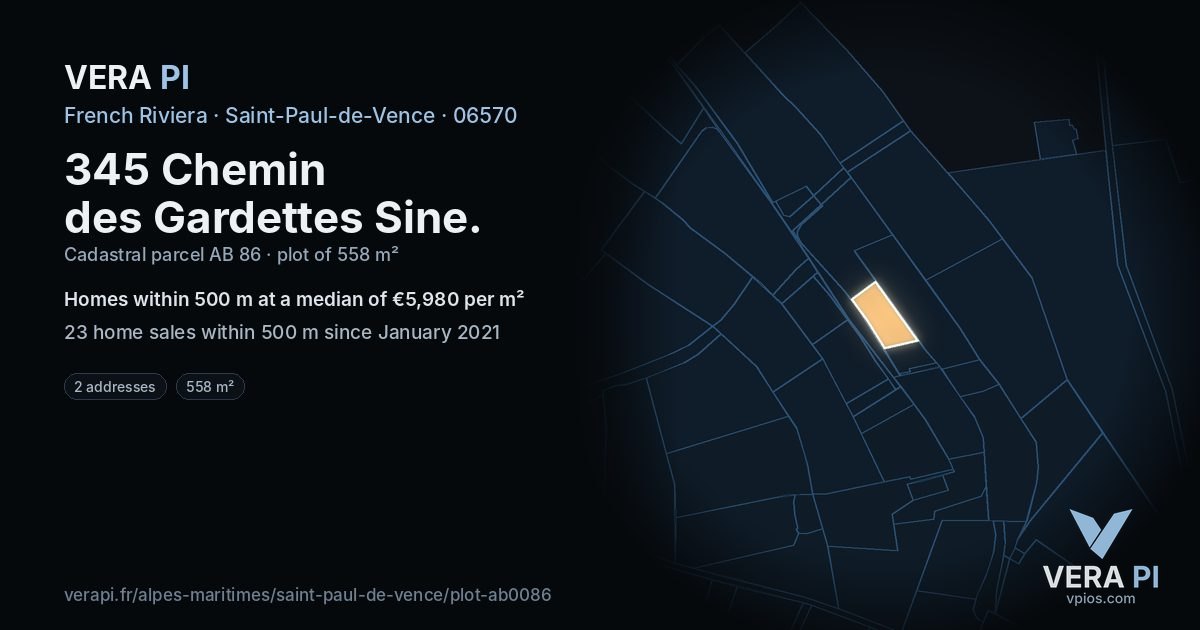 345 Chemin des Gardettes Sine, Saint-Paul-de-Vence at night – the plot lit, the parcels around coloured by the prices near them