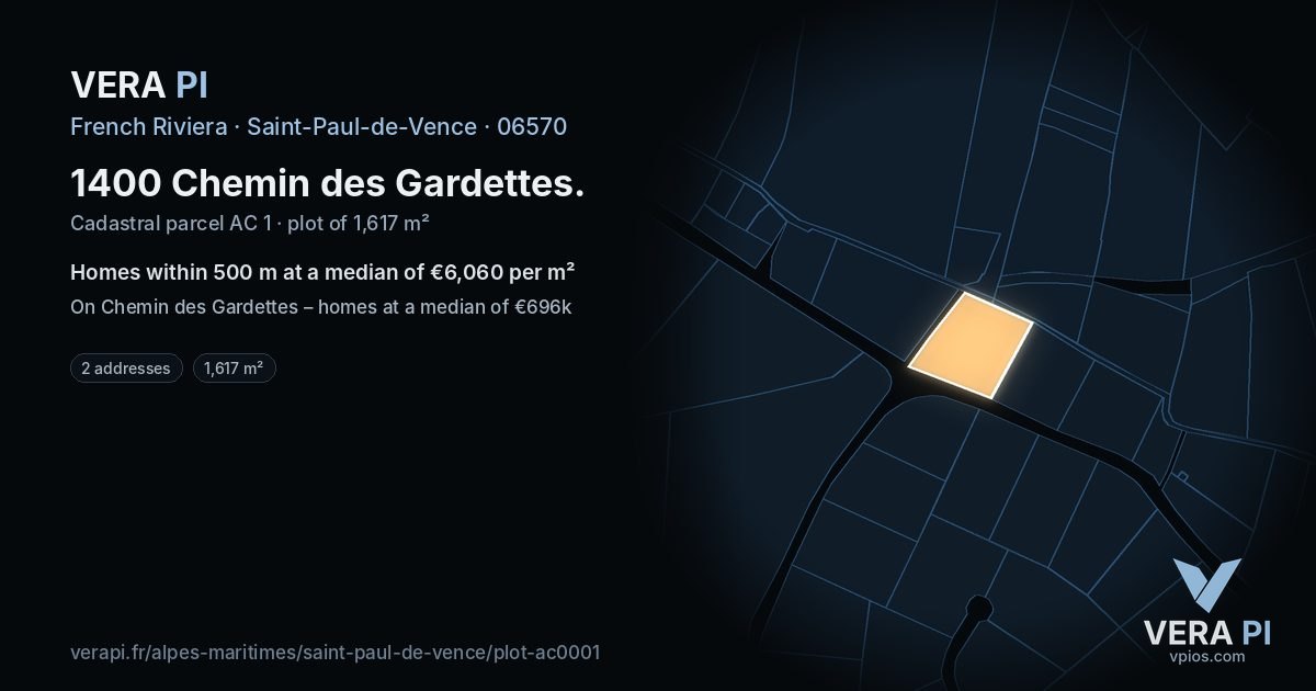 1400 Chemin des Gardettes, Saint-Paul-de-Vence at night – the plot lit, the parcels around coloured by the prices near them