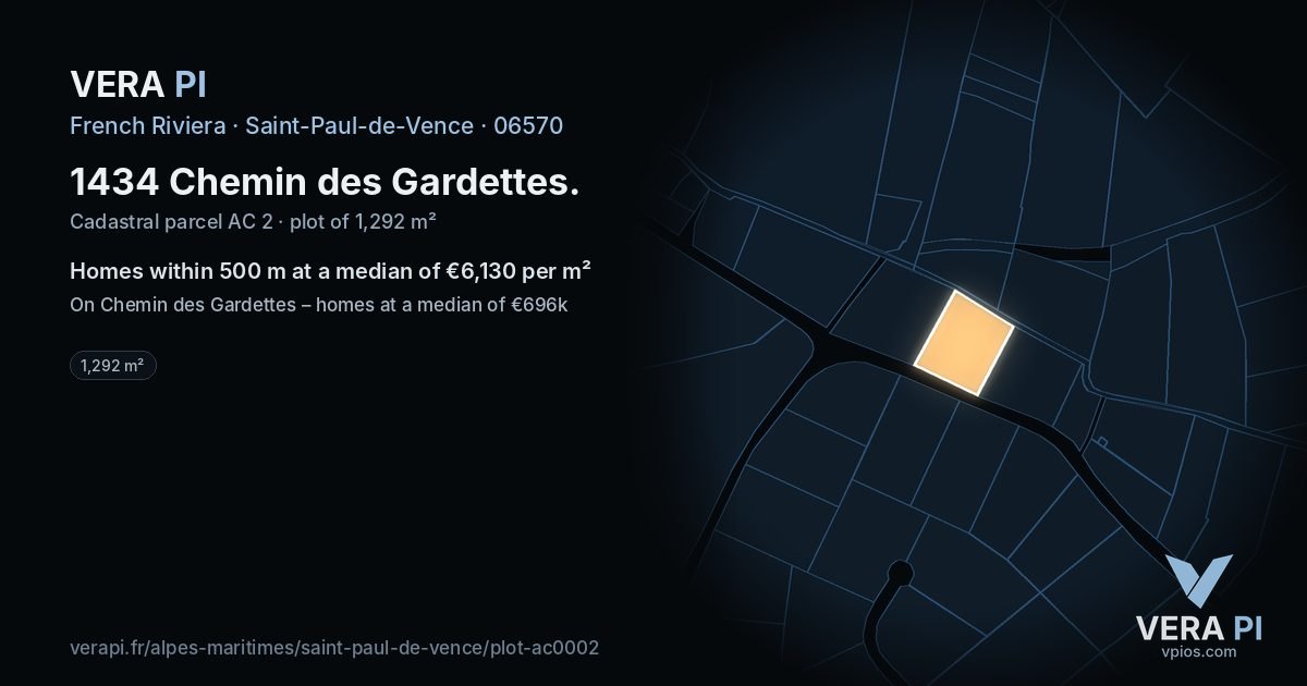 1434 Chemin des Gardettes, Saint-Paul-de-Vence at night – the plot lit, the parcels around coloured by the prices near them