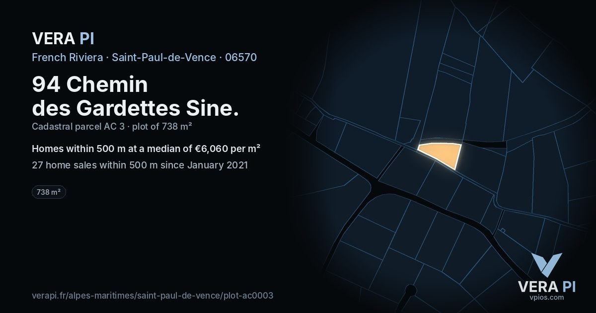 94 Chemin des Gardettes Sine, Saint-Paul-de-Vence at night – the plot lit, the parcels around coloured by the prices near them