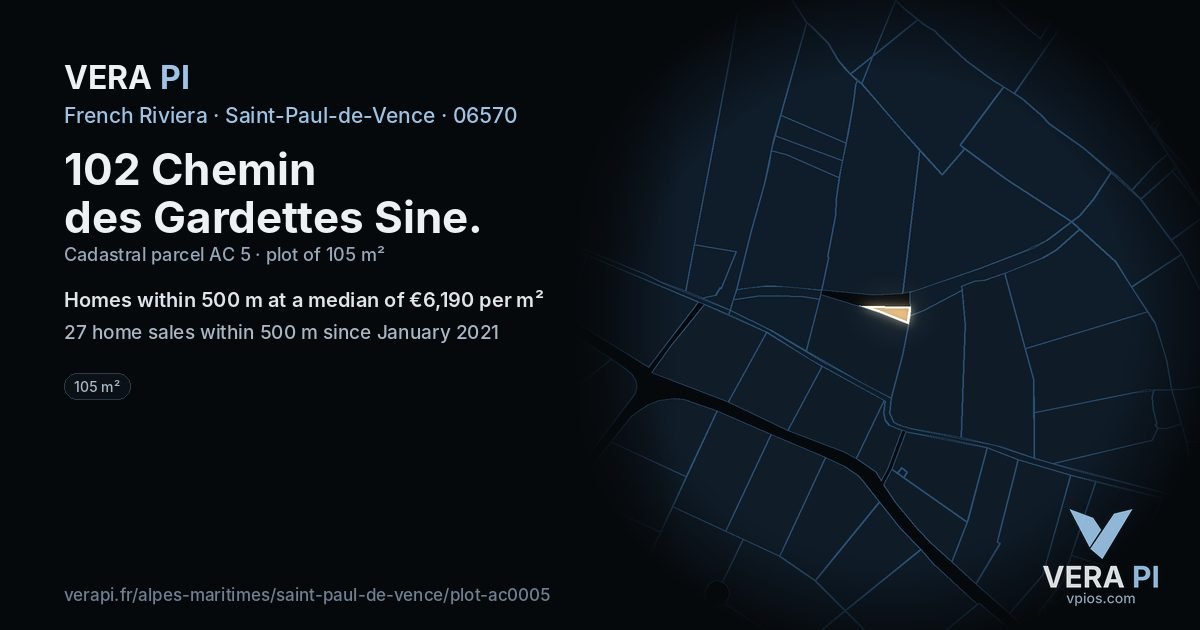 102 Chemin des Gardettes Sine, Saint-Paul-de-Vence at night – the plot lit, the parcels around coloured by the prices near them