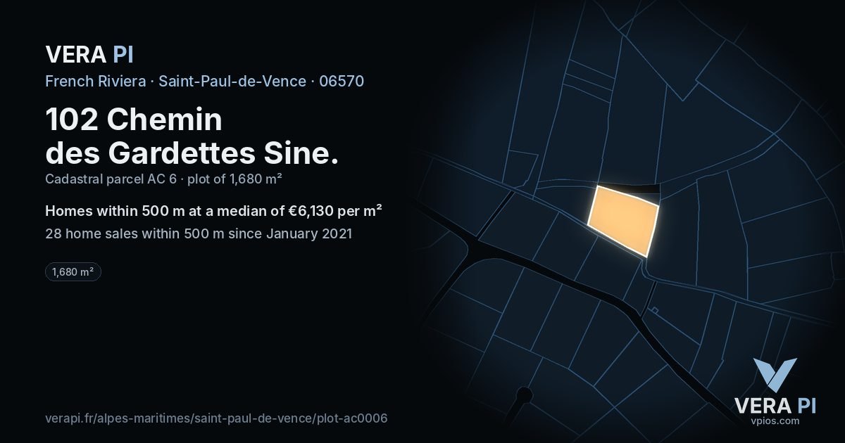102 Chemin des Gardettes Sine, Saint-Paul-de-Vence at night – the plot lit, the parcels around coloured by the prices near them
