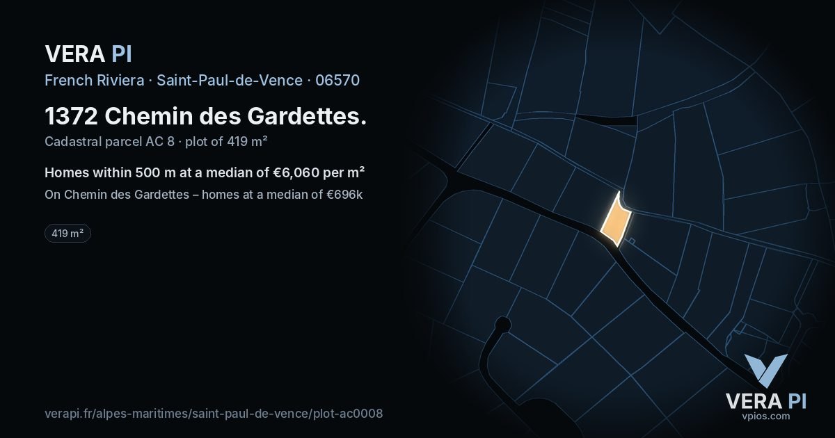 1372 Chemin des Gardettes, Saint-Paul-de-Vence at night – the plot lit, the parcels around coloured by the prices near them