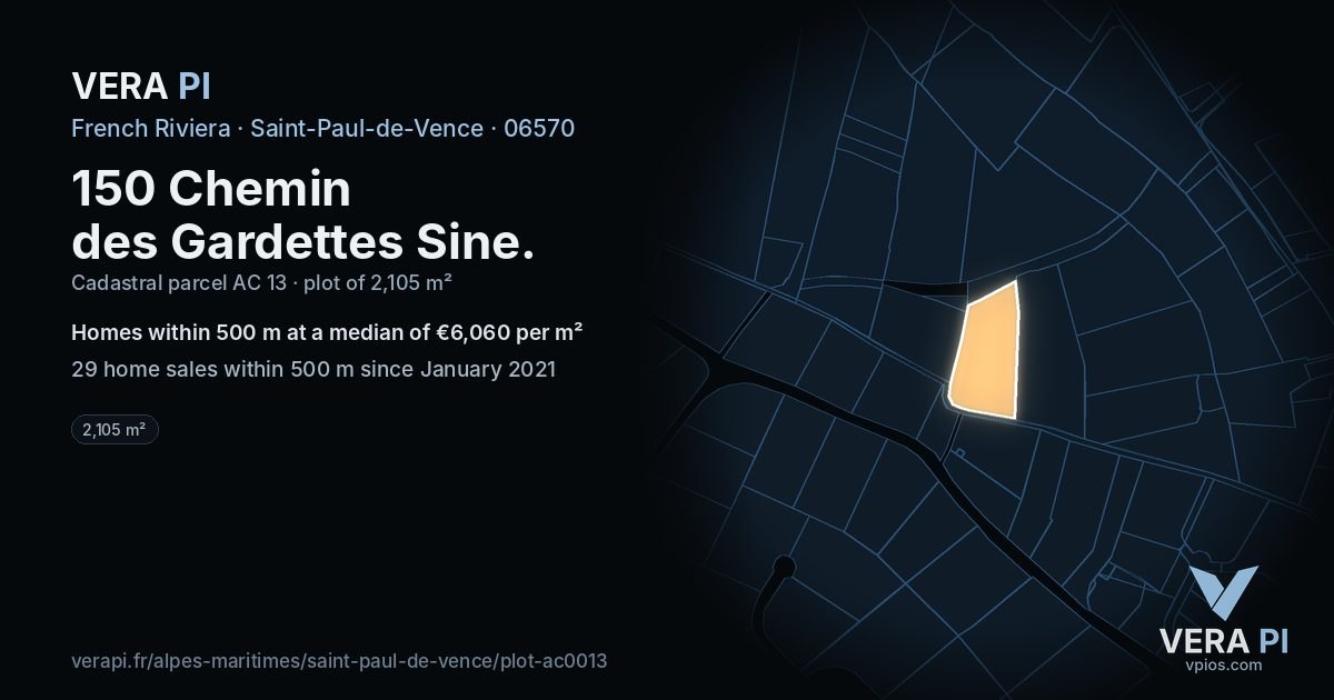 150 Chemin des Gardettes Sine, Saint-Paul-de-Vence at night – the plot lit, the parcels around coloured by the prices near them