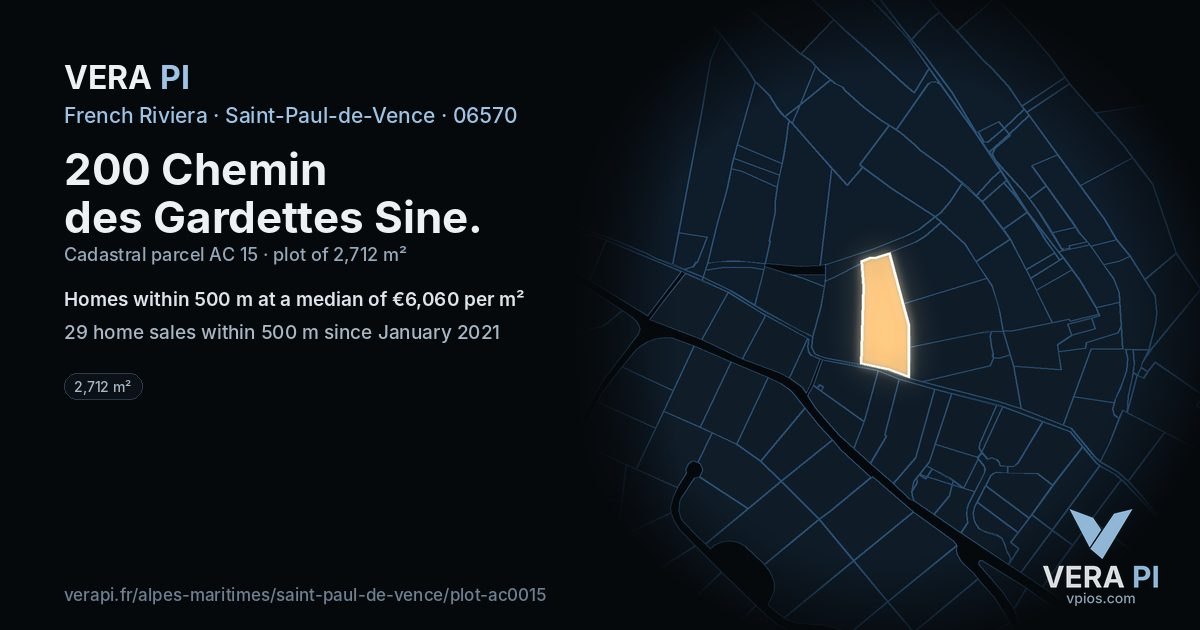 200 Chemin des Gardettes Sine, Saint-Paul-de-Vence at night – the plot lit, the parcels around coloured by the prices near them