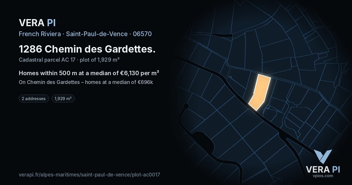 1286 Chemin des Gardettes, Saint-Paul-de-Vence at night – the plot lit, the parcels around coloured by the prices near them