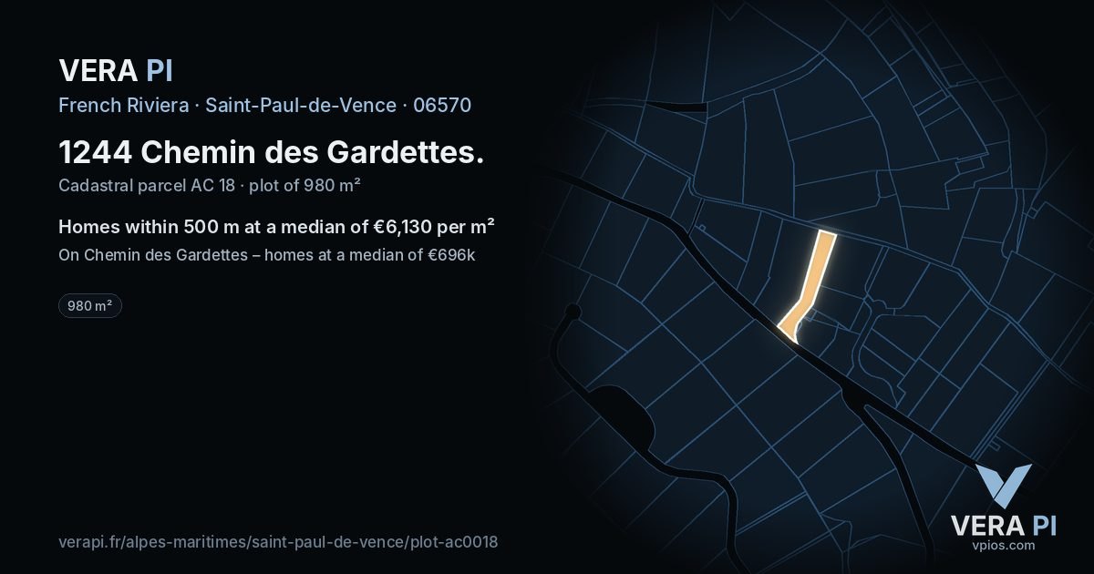 1244 Chemin des Gardettes, Saint-Paul-de-Vence at night – the plot lit, the parcels around coloured by the prices near them