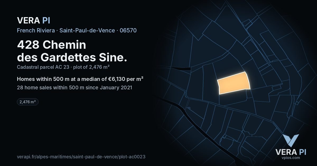 428 Chemin des Gardettes Sine, Saint-Paul-de-Vence at night – the plot lit, the parcels around coloured by the prices near them