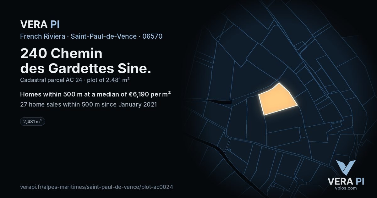 240 Chemin des Gardettes Sine, Saint-Paul-de-Vence at night – the plot lit, the parcels around coloured by the prices near them