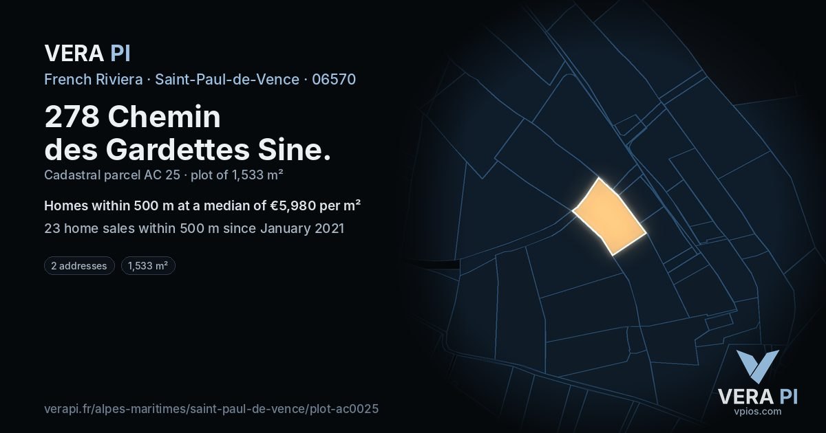 278 Chemin des Gardettes Sine, Saint-Paul-de-Vence at night – the plot lit, the parcels around coloured by the prices near them