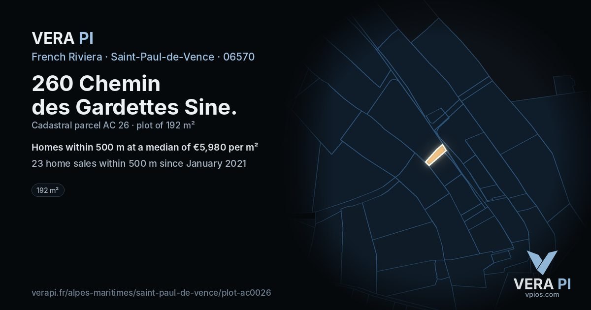 260 Chemin des Gardettes Sine, Saint-Paul-de-Vence at night – the plot lit, the parcels around coloured by the prices near them