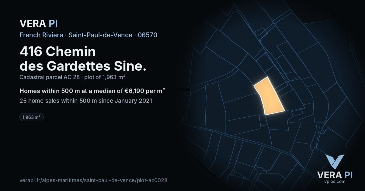 416 Chemin des Gardettes Sine, Saint-Paul-de-Vence at night – the plot lit, the parcels around coloured by the prices near them