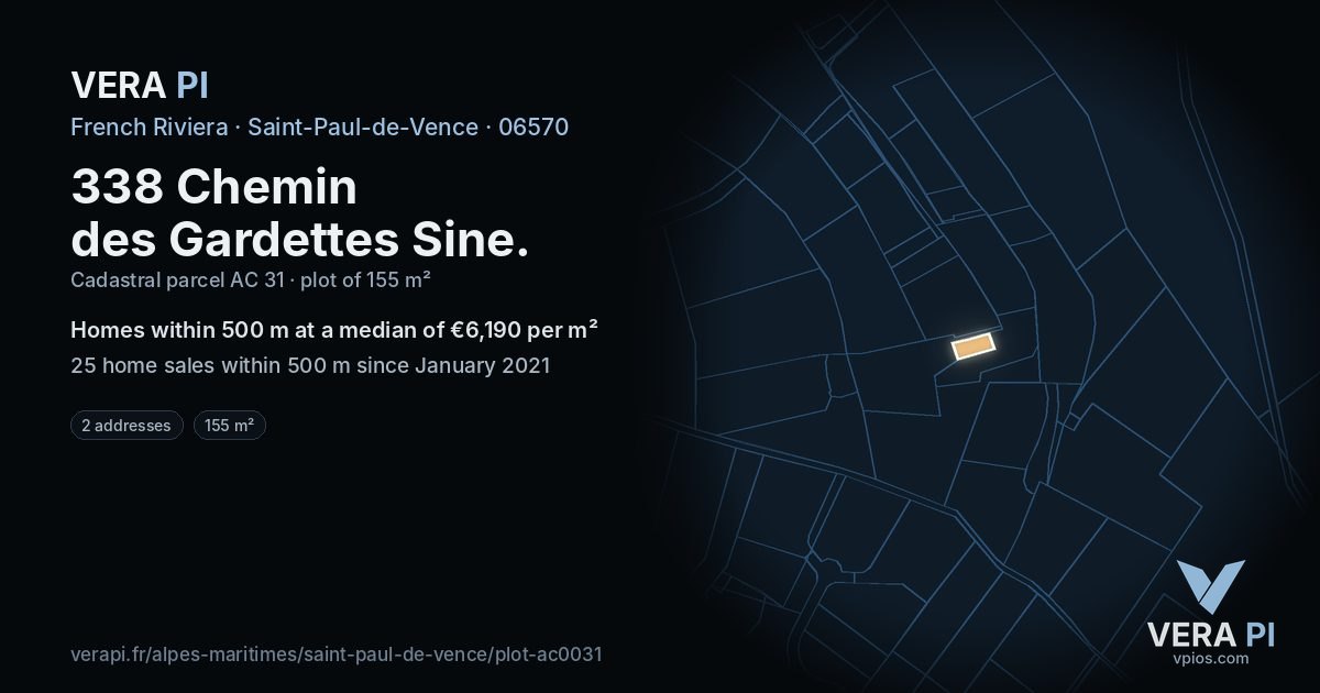338 Chemin des Gardettes Sine, Saint-Paul-de-Vence at night – the plot lit, the parcels around coloured by the prices near them