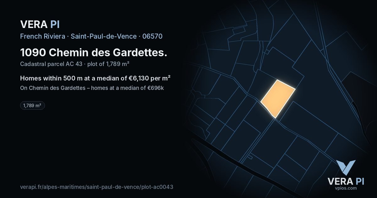 1090 Chemin des Gardettes, Saint-Paul-de-Vence at night – the plot lit, the parcels around coloured by the prices near them