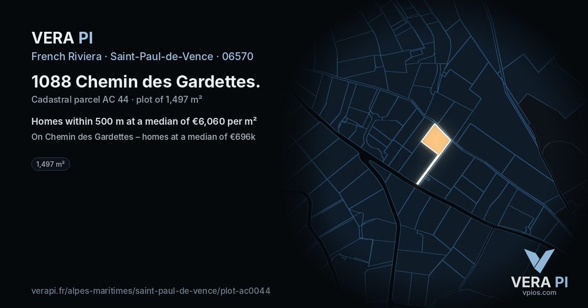 1088 Chemin des Gardettes, Saint-Paul-de-Vence at night – the plot lit, the parcels around coloured by the prices near them