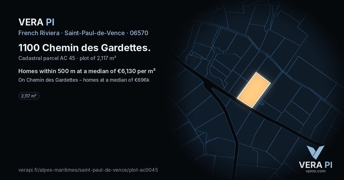 1100 Chemin des Gardettes, Saint-Paul-de-Vence at night – the plot lit, the parcels around coloured by the prices near them