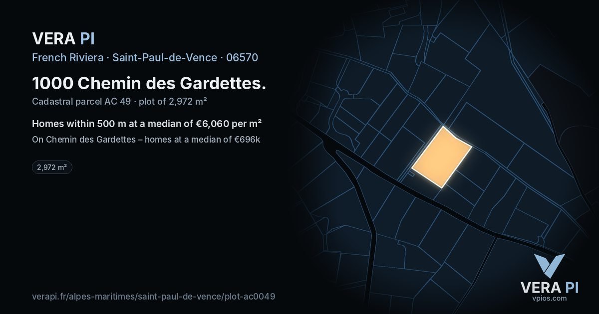 1000 Chemin des Gardettes, Saint-Paul-de-Vence at night – the plot lit, the parcels around coloured by the prices near them