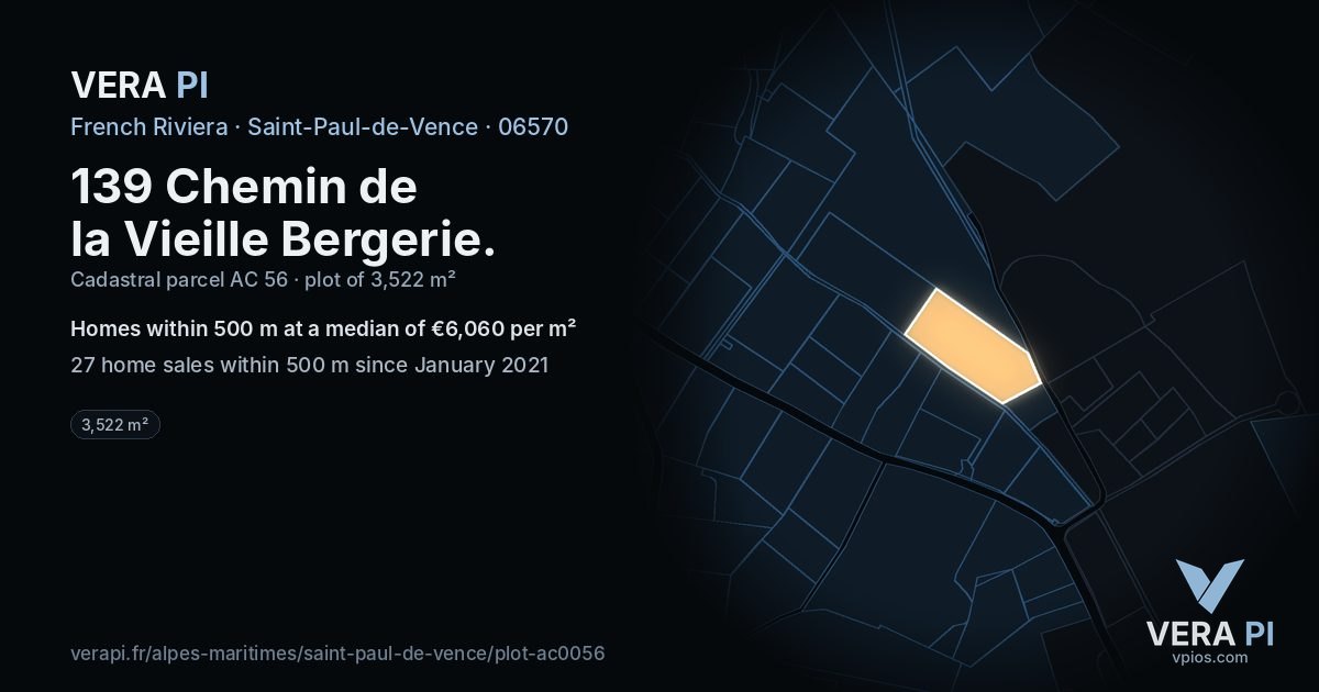 139 Chemin de la Vieille Bergerie, Saint-Paul-de-Vence at night – the plot lit, the parcels around coloured by the prices near them