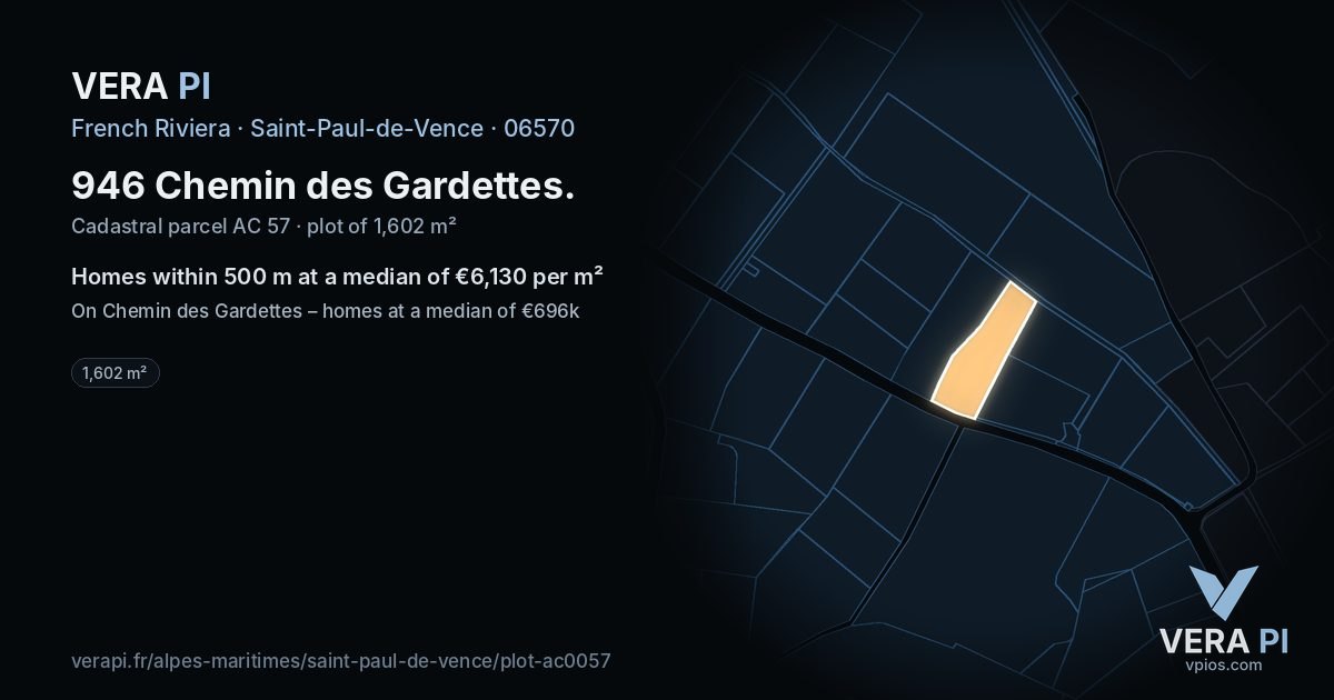 946 Chemin des Gardettes, Saint-Paul-de-Vence at night – the plot lit, the parcels around coloured by the prices near them