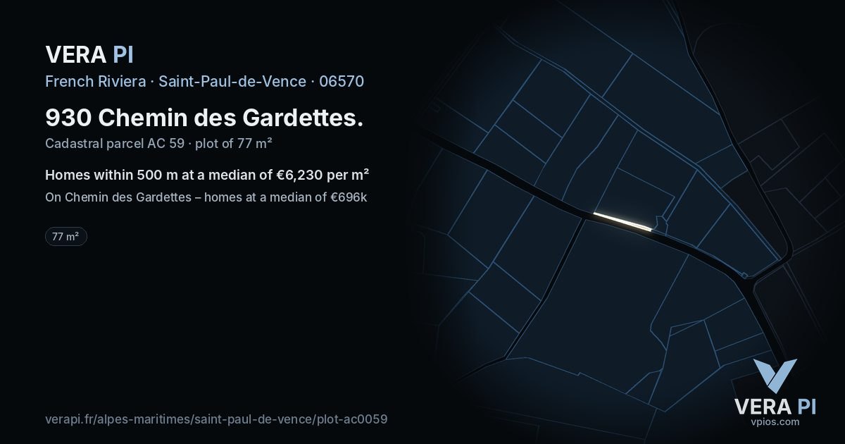 930 Chemin des Gardettes, Saint-Paul-de-Vence at night – the plot lit, the parcels around coloured by the prices near them