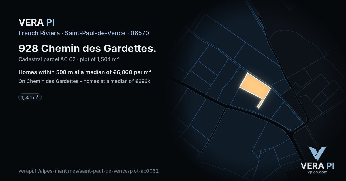 928 Chemin des Gardettes, Saint-Paul-de-Vence at night – the plot lit, the parcels around coloured by the prices near them
